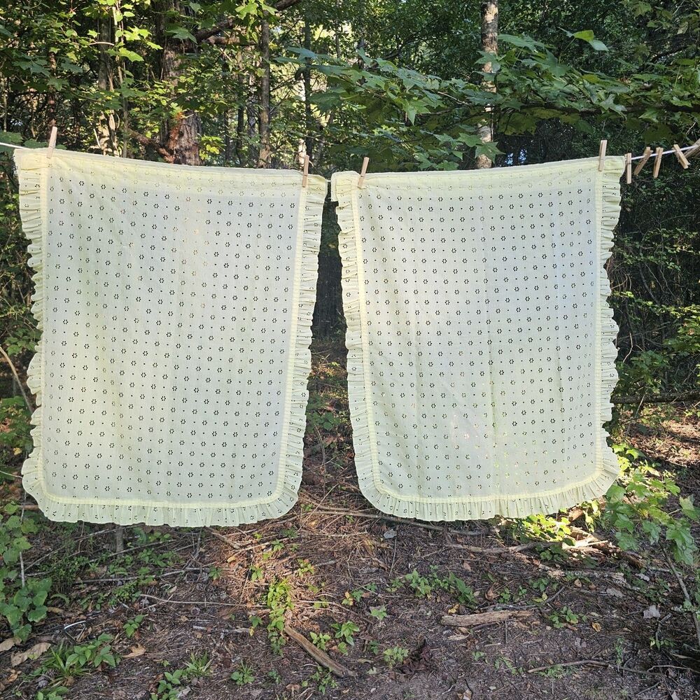 Vintage Light Yellow Tier Curtain Panels | Eyelet Detail | Ruffled 1960s Style